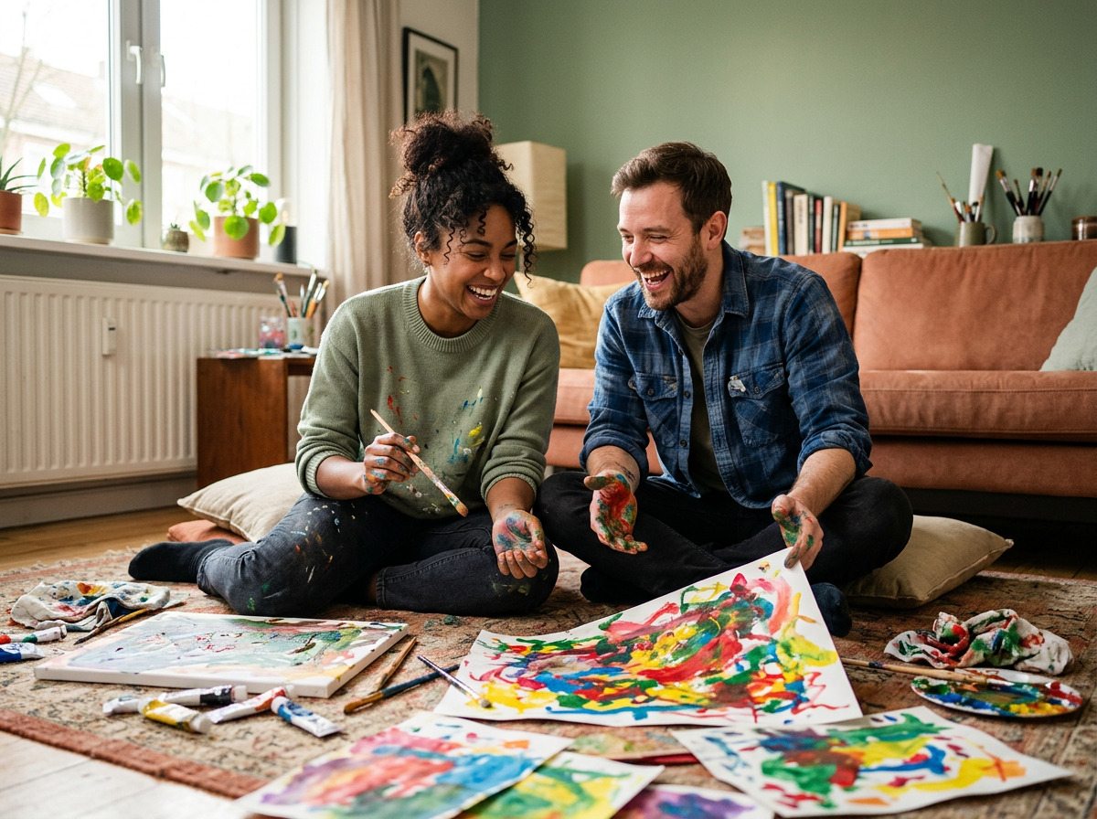 A couple laughing together as they paint side by side on the floor