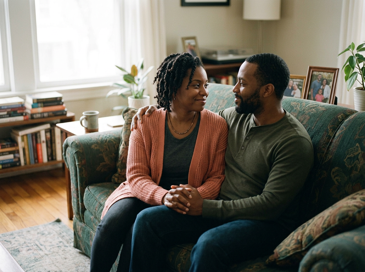 A couple sitting quietly face to face, smiling as they see one another