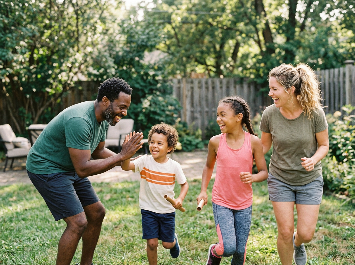A parent and children laughing mid-race during a backyard relay game