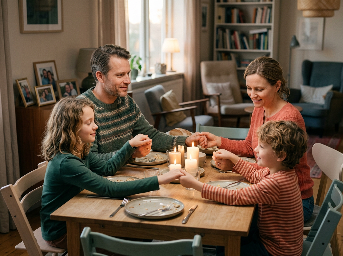 A family holding hands and smiling around a candlelit dinner table
