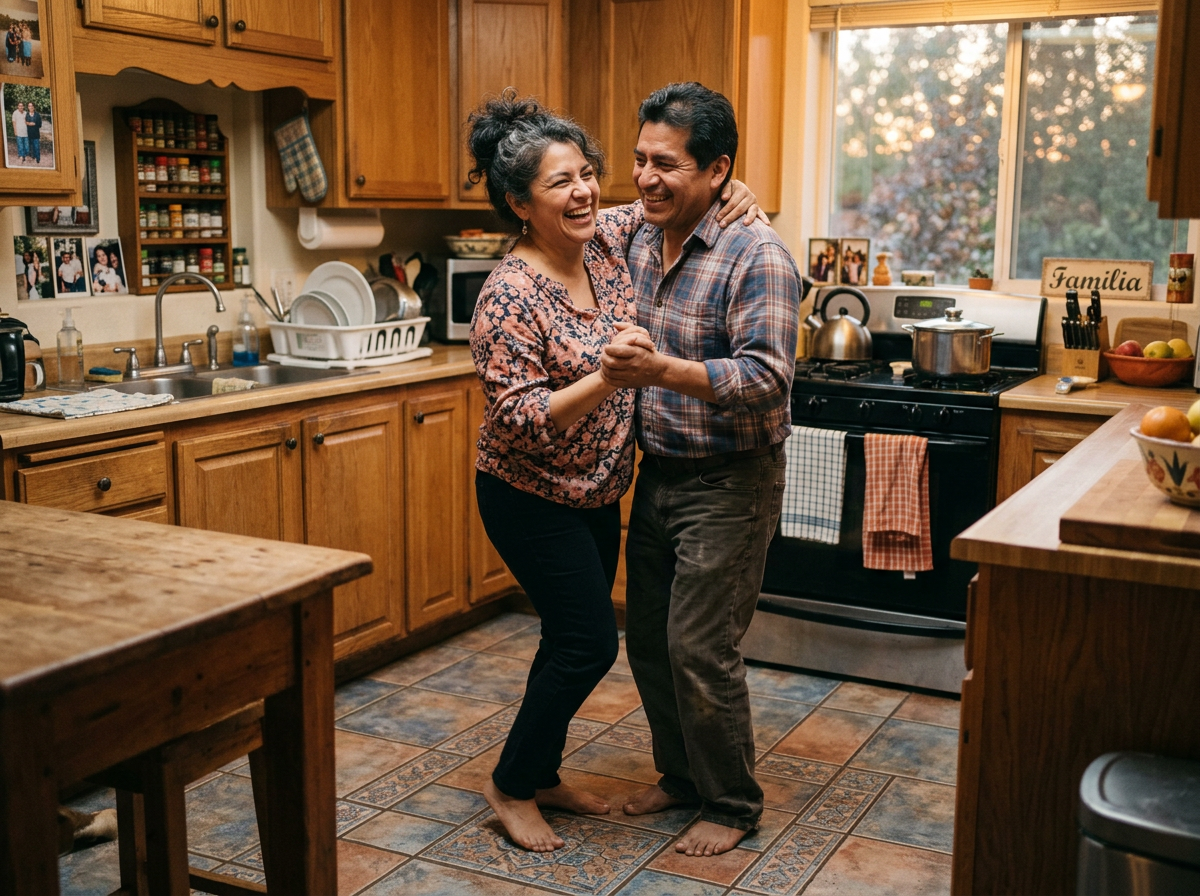A couple laughing as they dance together in their kitchen