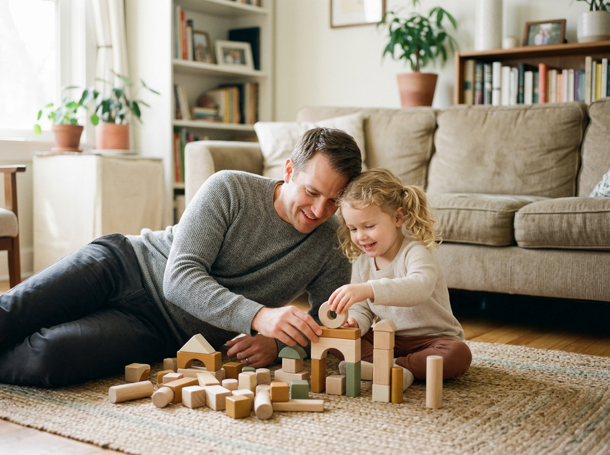 A parent lying on the floor playing with a young child