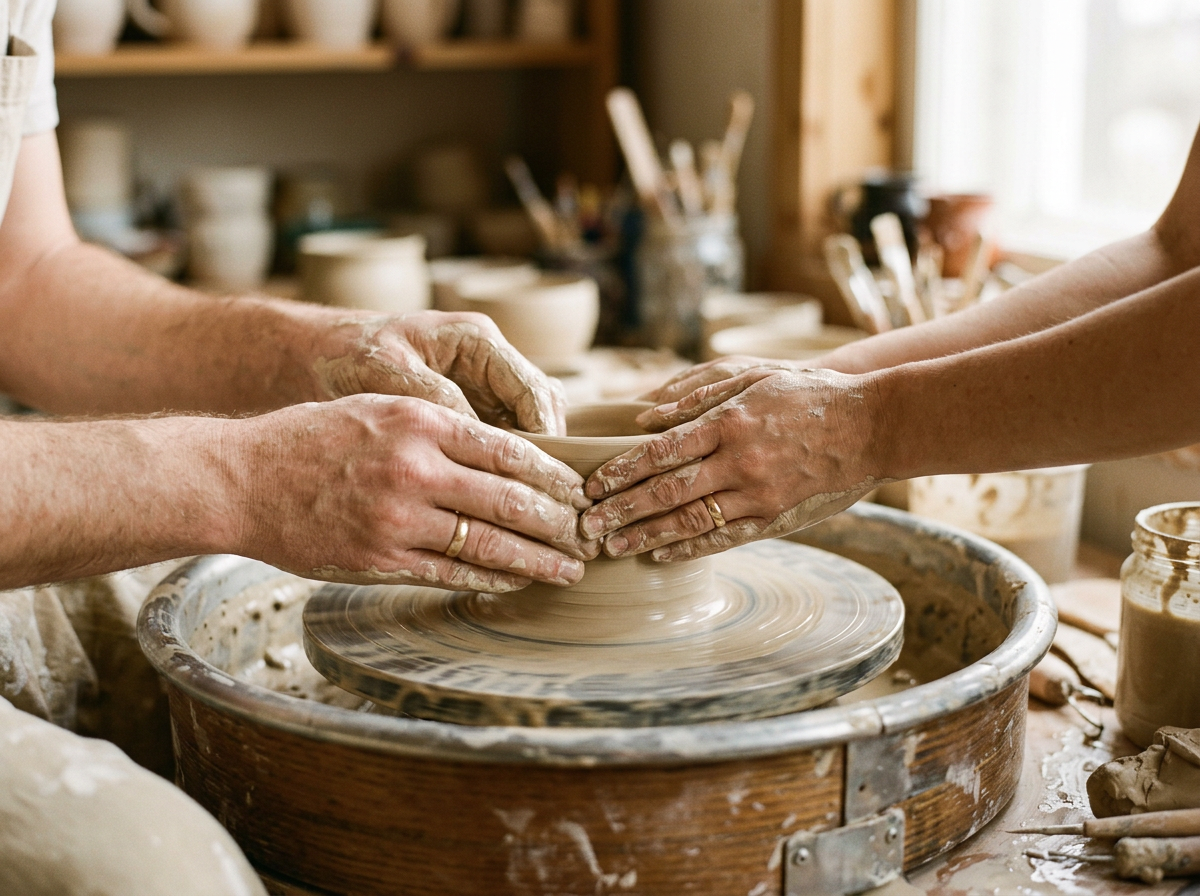 Two people's hands shaping clay together at a pottery wheel