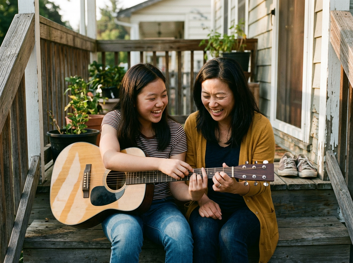 A teenage daughter teaching her mother a guitar chord on the front porch, both laughing