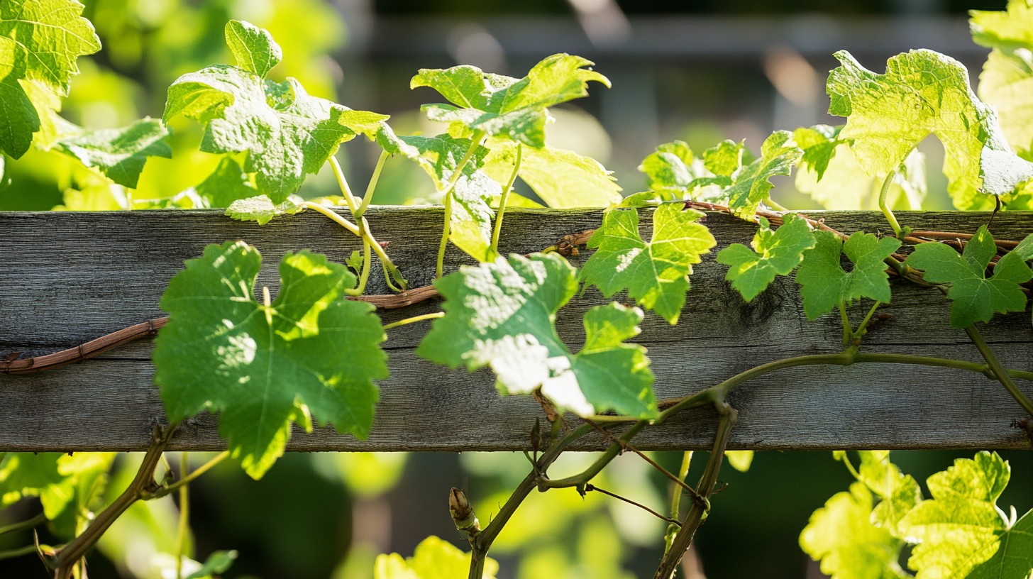 Sunlight shining through fresh grapevine leaves on a wooden fence